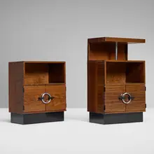 Gilbert Rohde, Cabinets model 3437, set of two and Rest-on shelf, model 3435, c. 1940, East Indian laurel, lacquered wood, chrome-plated steel
