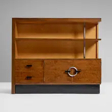 Gilbert Rohde, Cabinet, model 3437, c. 1940, East Indian laurel, maple, lacquered wood, chrome-plated steel