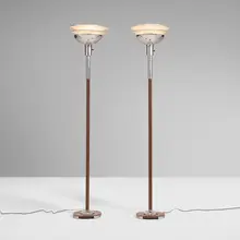 Gilbert Rohde, Torchieres model 3489, pair, c. 1935, chrome-plated and enameled steel, aluminum