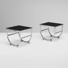 Machine Age, Occasional tables, pair, c. 1935, chrome-plated steel, reverse-painted glass