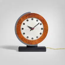 Gilbert Rohde, Table clock, model 4084B, 1934, chrome-plated steel, burl veneer, lacquered wood, glass