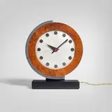 Gilbert Rohde, Table clock, model 4084B, 1934, chrome-plated steel, burl veneer, lacquered wood, glass