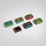 Art Déco, Collection of six lidded boxes, c. 1925, enameled and gilt steel, wood, brass