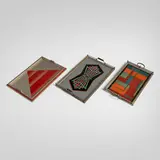 Art Déco, Collection of three geometric trays, c. 1930, reverse-painted glass, aluminum, steel, wood, laminate