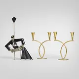 Candleabra, pair and Seated Figure (Sculpture) by Richard Rohac and Sier Kunst, c. 1930, nickel-plated brass, carved wood, brass, sold Nov 2025