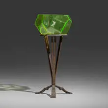 Thomas McCreary, Ruba Rombic fishbowl on stand, c. 1928, glass, wrought iron