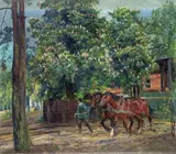 Philipp Franck, Pferdegespann in Stolpe, 1908, Öl auf Leinwand
