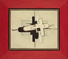 Robert Michel, London Paradies, 1931, Tuschpinsel, Bleistift, Farbstifte, Aquarell und Deckweiß, teilweise gespritzt, auf Schoellershammer-Karton, vom Künstler in einen weinroten Papierrand eingesetzt