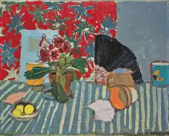 Werner Laves, Stilleben mit Fächer, 1955, Öl auf Hartfaser