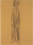 Ernst Barlach, Stehendes Mädchen mit herabhängenden Armen, 1926, Kohle auf bräunlichem Skizzenblockpapier