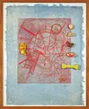 Martin Kippenberger, Ohne Titel, 1991, Kaltnadel in Rot auf handgeschöpftem, indigo-gefärbtem Nepali-Papier, im Künstlerrahmen mit auf der Acrylglasscheibe applizierten Plastikobjekten
