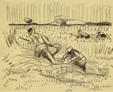 Max Pechstein, Bei der Kornernte, 1932, Kreide auf gelblichem Transparentpapier (aus einem Zeichenblock)