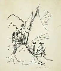 Eingeborene im Auslegerboot (Palau) by Max Pechstein, Um 1914, Tuschpinsel auf Papier, auf Karton aufgezogen, sold Nov 2008