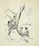 Max Pechstein, Eingeborene im Auslegerboot (Palau), Um 1914, Tuschpinsel auf Papier, auf Karton aufgezogen