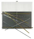 Vibrations Metalliques by Jesús Rafael Soto, 1969, Serigraphie auf Aluminium, montiert auf Kunststoff und Aluminium, davor Metallstäbe (Messing und Edelstahl), aufgehängt , sold Nov 2008