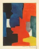 Serge Poliakoff, Komposition in Blau, Rot, Grün und Schwarz, 1958, Farbradierung und -aquatinta auf Papier