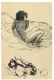 Pierre Bonnard, Jeune Fille sur un lit, Um 1893, Tuschfeder und -pinsel auf chamoisfarbenem Papier