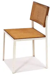 George Nelson, Rare steelframe side chair, c. 1955, Enameled steel, birch, woven-cane