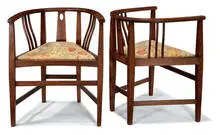 Glasgow School, Salon suite (3), c. 1900, Quarter-sawn oak, fabric upholstery