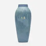 Scenic vase with live oaks, Spanish moss, and full moon by Sadie Irvine for Newcomb College Pottery, 1923, glazed earthenware, sold Jan 2024