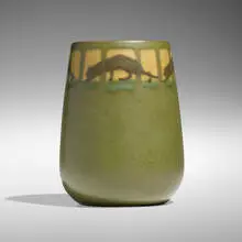Maude Milner and Sarah Tutt for Marblehead Pottery, Rare low relief vase with panthers, 1904-08, glazed earthenware