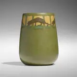 Rare low relief vase with panthers by Maude Milner and Sarah Tutt for Marblehead Pottery, 1904-08, glazed earthenware, sold Jan 2024