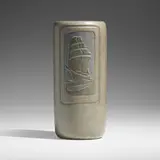 Rare and Early vase with schooners by Arthur Hennessey and Sarah Tutt for Marblehead Pottery, c. 1908, sold Jan 2024
