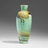 John Dee Wareham for Rookwood Pottery, Exceptional Sea Green Paris Exposition vase with cranes, 1900, carved and glazed earthenware