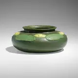 Exceptional squat vase with water lilies by Florence Liley for Grueby Faience Company, c. 1900, glazed earthenware, sold Jan 2024