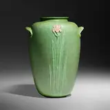 Exceptional and Rare vase with irises by Ruth Erickson and Gertrude Priest for Grueby Faience Company, 1899-1910, glazed earthenware, sold Jan 2024