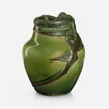 Rare electroplated Sea Green vase with figure by Anna Marie Valentien for Rookwood Pottery, 1900, glazed earthenware, copper, sold Jan 2024