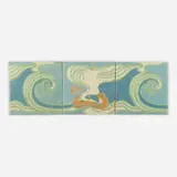 Rare three-tile frieze with Viking ship by Grueby Faience Company, c. 1905, glazed earthenware decorated in cuenca, sold Jan 2024