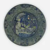 Rare and Early wall-hanging charger with American Indian by Mary Frances Baker for Newcomb College Pottery, 1907, glazed earthenware, sold Jan 2024
