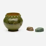 Bowl and two scarab paperweights by California Art Pottery, 1890, 1910, 1919, glazed and carved earthenware, sold Jan 2024