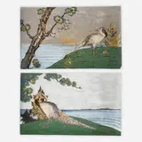 Albert Dammouse, Tiles with pheasants, set of two, c. 1890, glazed and gilt porcelain