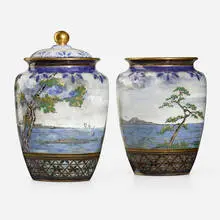 Albert Dammouse, Lidded vase and vase with Japonesque landscapes, set of two, c. 1890, glazed and gilt porcelain