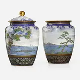 Albert Dammouse, Lidded vase and vase with Japonesque landscapes, set of two, c. 1890, glazed and gilt porcelain