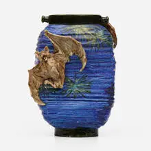 Edmond Lachenal, Lantern form vase with moon and bats, c. 1895, glazed earthenware