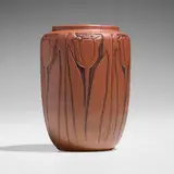 Vase with tulips by North Dakota School of Mines, c. 1945, glazed and carved earthenware, sold Jan 2024