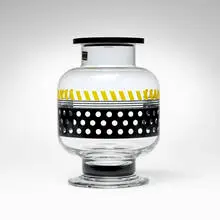Bonnie lidded vase by Ettore Sottsass, 1995, transfer-printed glass, sold Nov 2025
