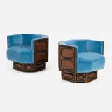 Wiliam Westenhaver, Swivel lounge chairs, pair, c. 1970, cedar, velvet Dedar upholstery