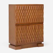 De Coene Frères, Highboard bar cabinet, c. 1970, oak, lacquered wood, patinated aluminum