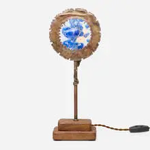 Brutalist, Luna table lamp, c. 1965, copper, wood, glass