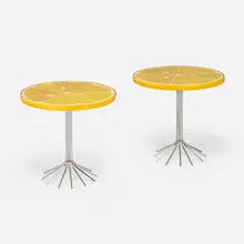 Lemon Slice occasional tables, pair by Modern, c. 1970, crushed glass, ceramic, chrome-plated steel, epoxy, sold Nov 2025
