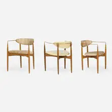 Dan Johnson, Viscount chairs, set of three, c. 1955, brass, walnut, cherry, upholstery, vinyl upholstery
