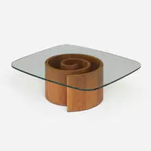 Snail coffee table by Vladimir Kagan, c. 1954, walnut, glass, sold Nov 2025