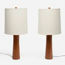 Gordon and Jane Martz, Table lamps model W6-45, pair, c. 1955, walnut, glazed earthenware, linen shades