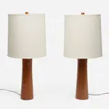 Gordon and Jane Martz, Table lamps model W6-45, pair, c. 1955, walnut, glazed earthenware, linen shades