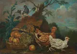 Giovanni Agostino Cassana, Birds and an upturned basket of fruit in a landscape, oil on canvas laid down on board
