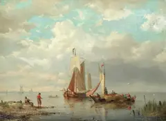 Pulling the boats ashore by Cornelis Christiaan Dommersen, oil on panel, sold Mar 2018